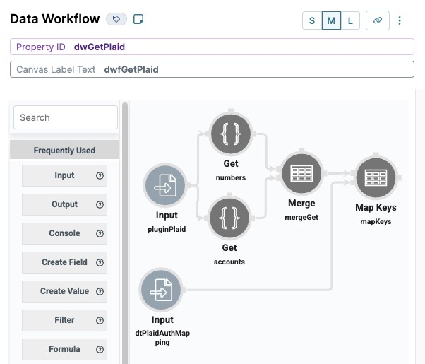 A static image displaying the Data Workflow component's canvas. The Merge and Input operators are connected to the Map Keys operator.