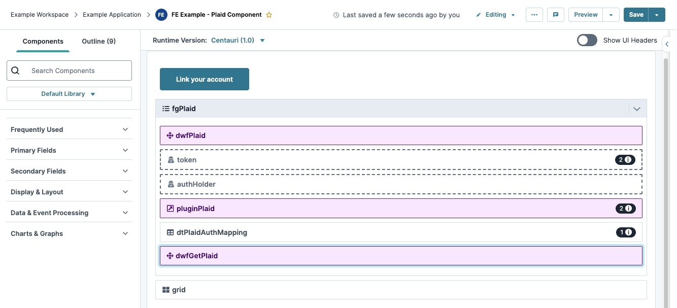 A static image displaying the Module Editor canvas, the Plaid component is set up to link an account, then display it in a ViewGrid.