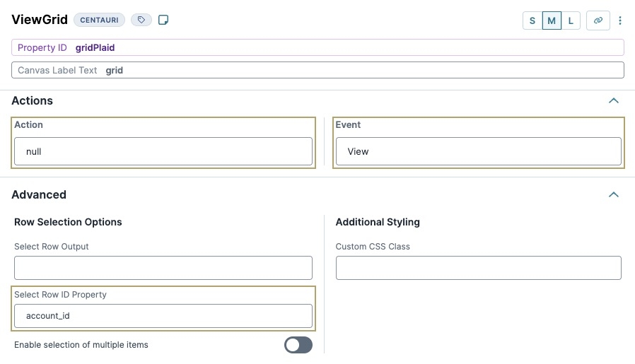 A static image displaying the gridPlaid ViewGrid settings. The Label, Property Name, and Select Row ID Property fields are highlighted.