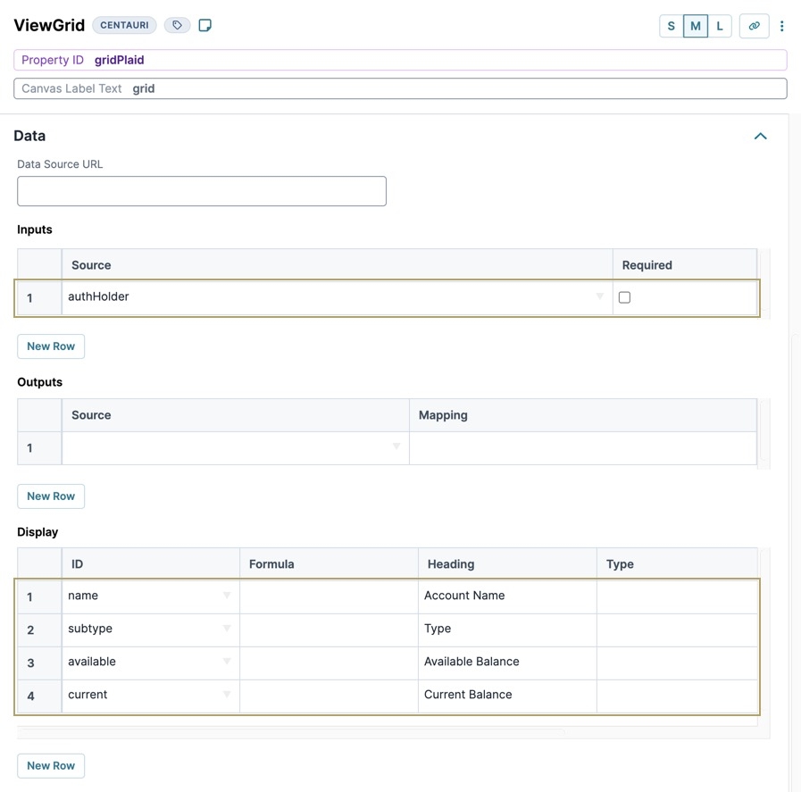A static image displaying the gridPlaid Viewgrid settings. The Action, Event, Inputs, and Display fields are highlighted and filled out.