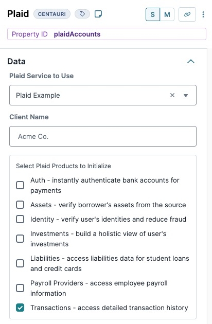 A static image displaying the Plaid component's data settings. The Plaid Service to Use and Select Plaid Products to Initialize settings are highlighted.