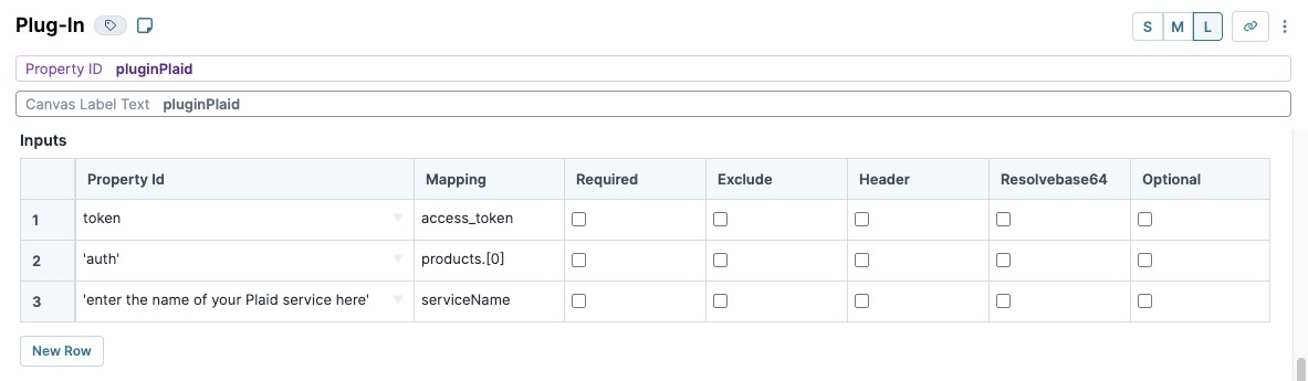 A static image displaying the pluginPlaid Plugin component's Inputs table.