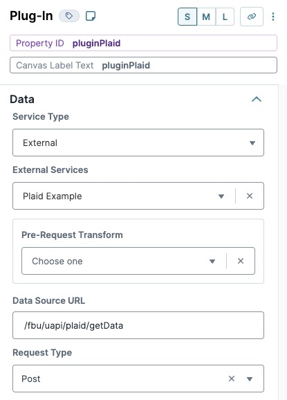 A static image displaying the pluginPlaid Data Workflow component. The Data Source URL and Request type are modified.