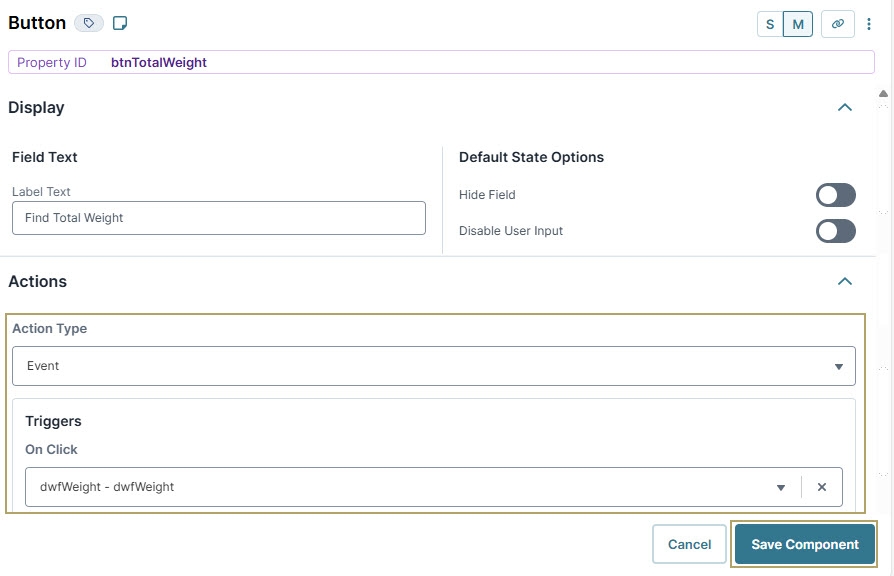 A static image displaying the Button component's completed configuration in the configuration window.
