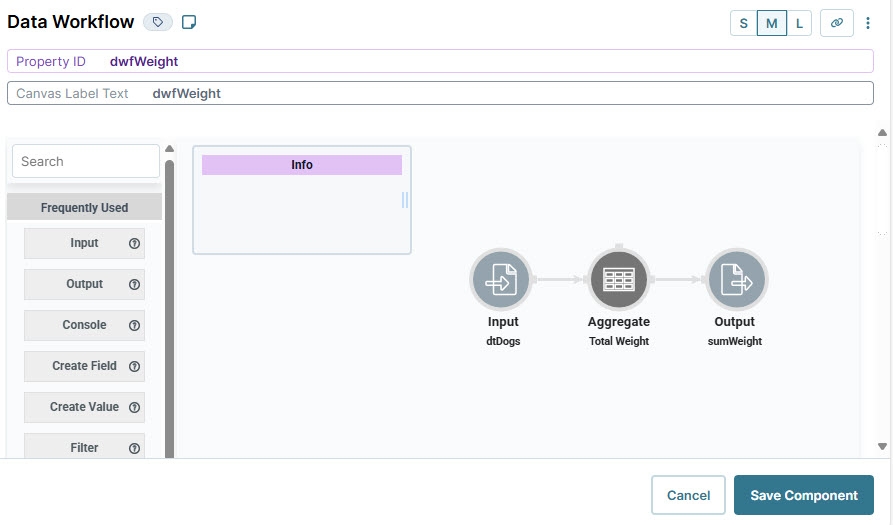 A static image displaying the Data Workflow component's completed configuration in the configuration window.