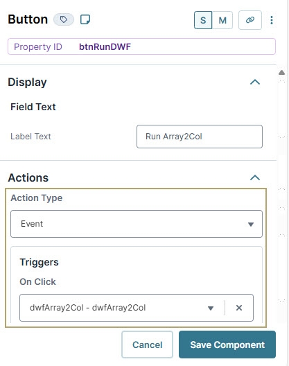 A static image displaying the button component configuration to trigger the data workflow.