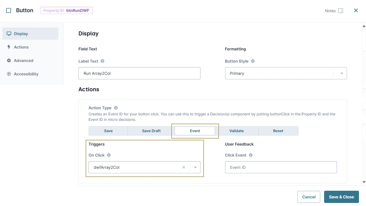 A static image displaying the button component configuration to trigger the data workflow.