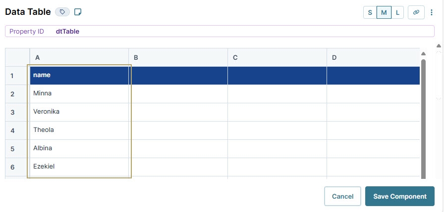 A static image displaying the Data Table component with data that will be serve as input to the Array2Col Operator