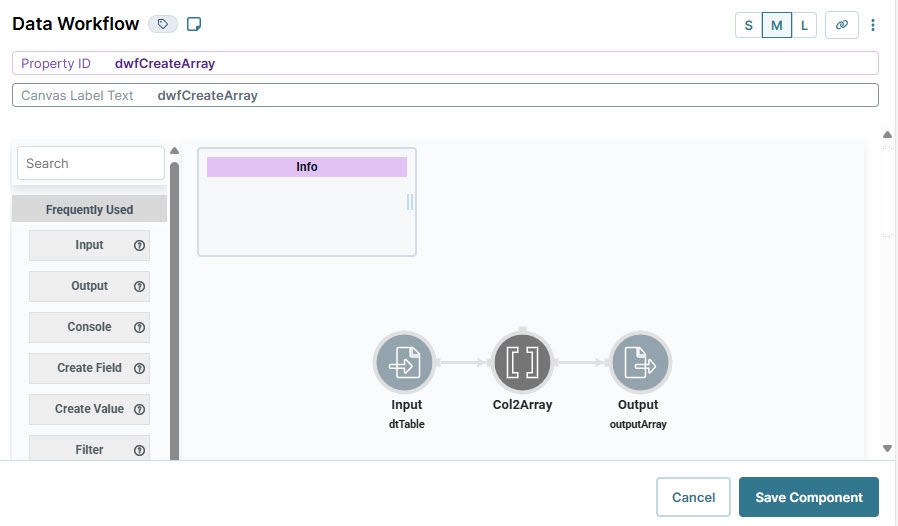 A static image displaying the Data Workflow component's completed configuration in the configuration window.