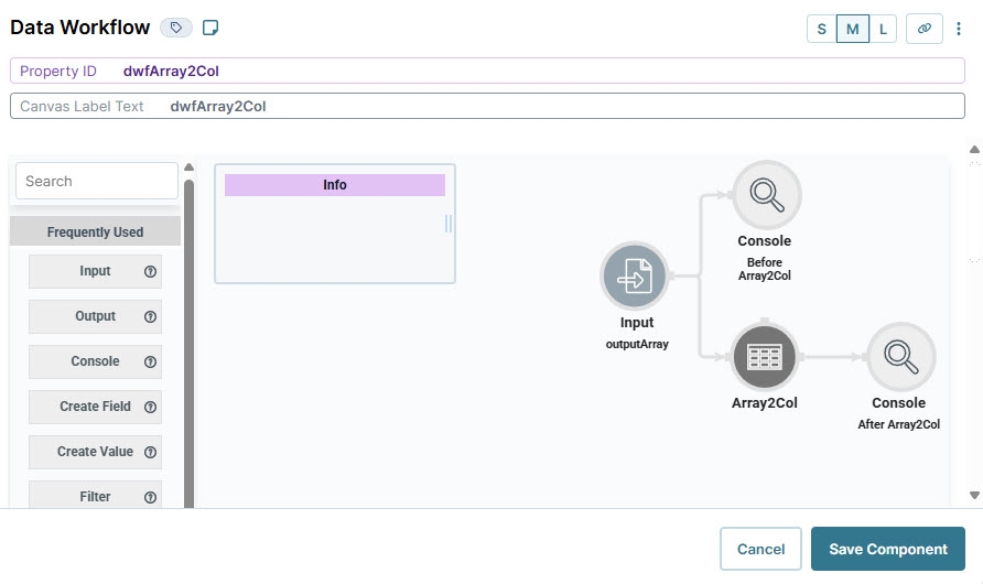 A static image displaying the second data workflow configuration which converts the array into a column.