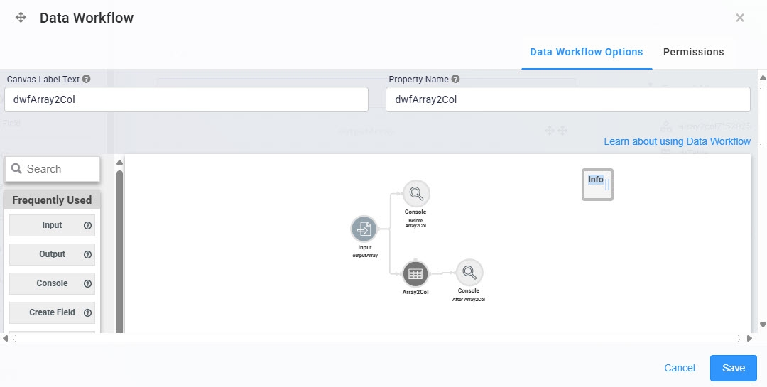 A static image displaying the second data workflow configuration which converts the array into a column.