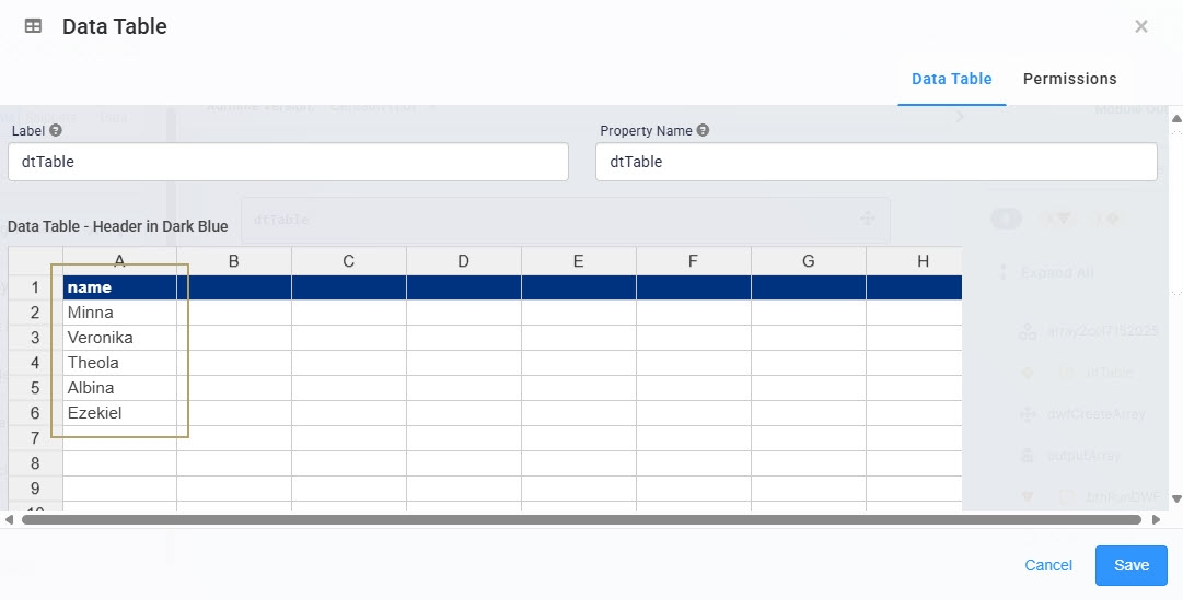 A static image displaying the Data Table component with data that will be serve as input to the Array2Col Operator