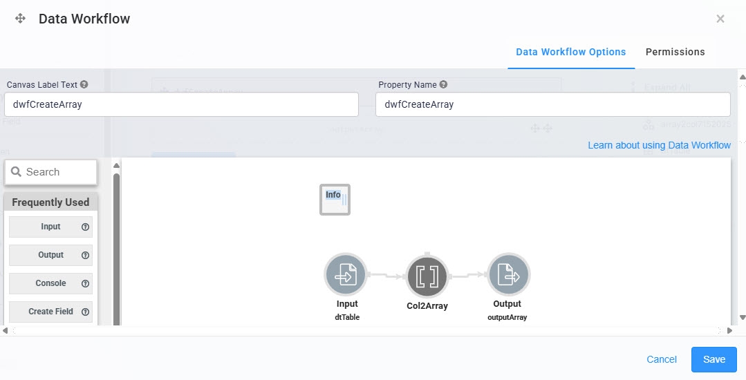 A static image displaying the Data Workflow component's completed configuration in the configuration window.