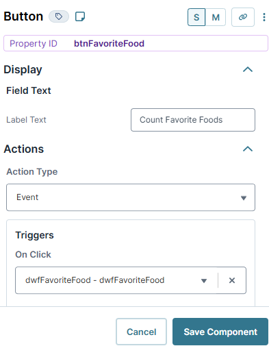 A static image displaying the button component which triggers the data workflow component.