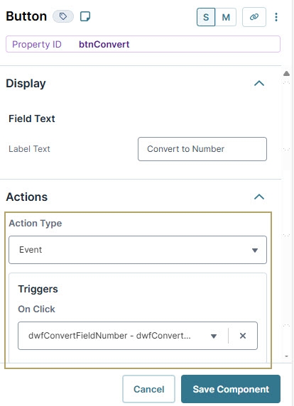A static image displaying the Button component's completed configuration in the configuration window.