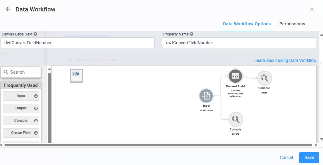 A static image displaying the Data Workflow component's completed configuration in the configuration window.