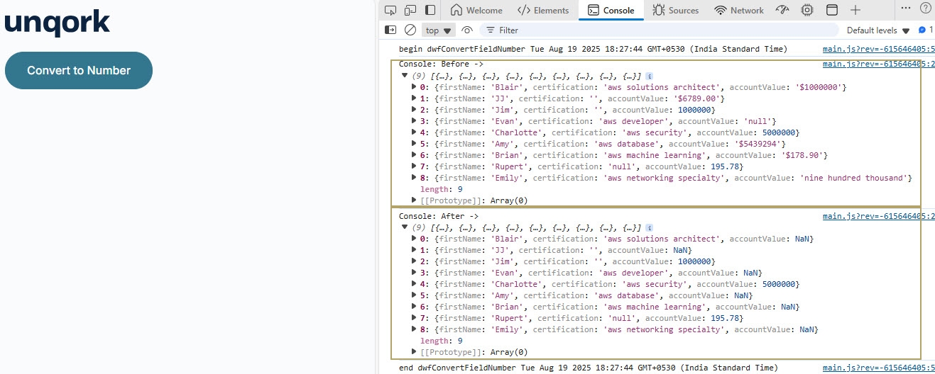 A static image displaying the data conversion in the DevTools Console in Express View.