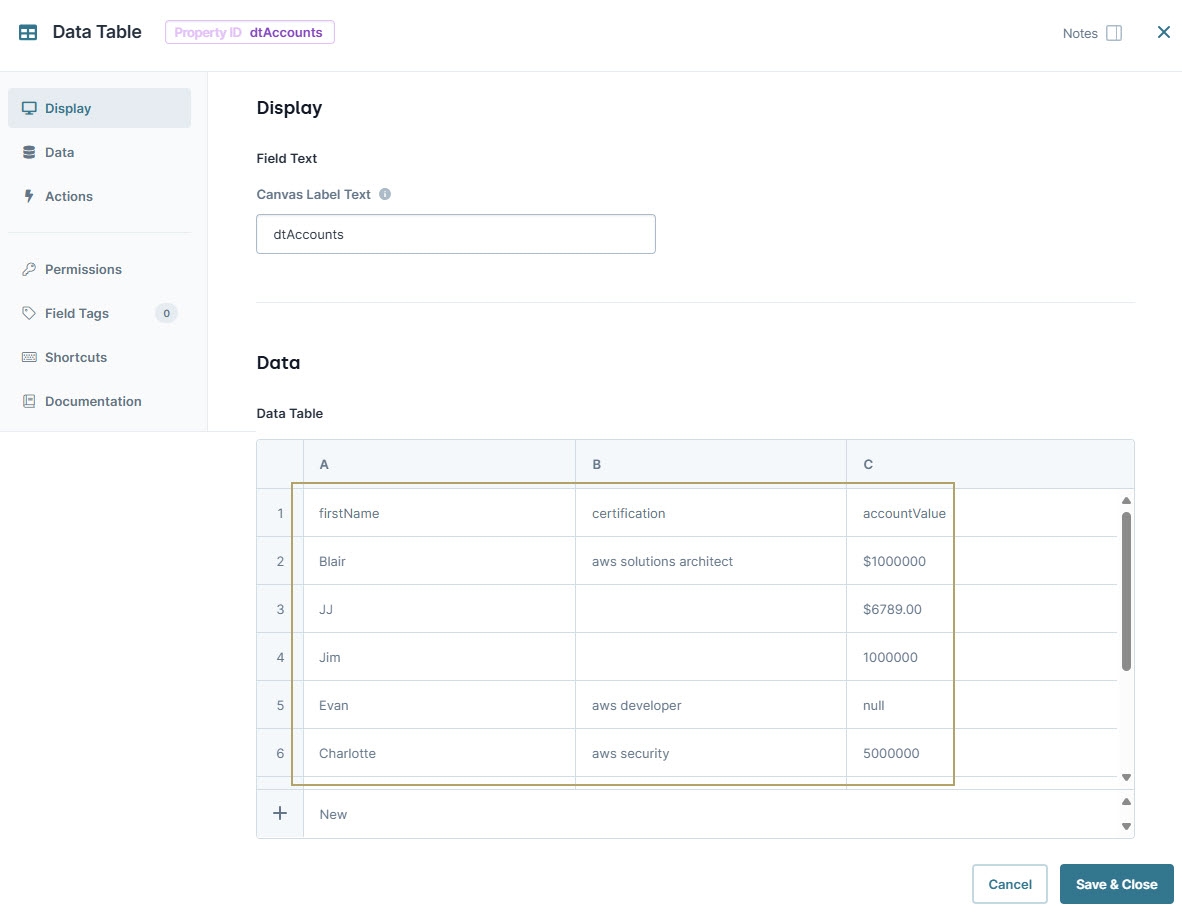 A static image displaying the Data Table component's completed configuration in the configuration window.