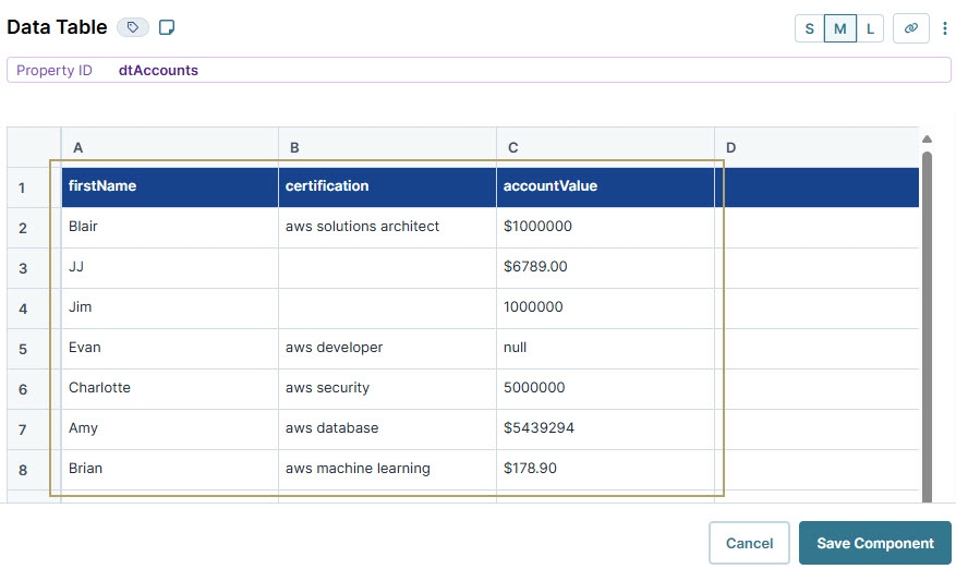 A static image displaying the list of names, certifications and their account values.