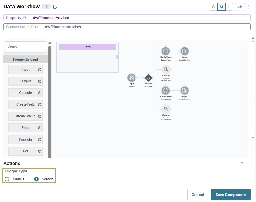 A static image displaying the Data Workflow configuration with the trigger type set to Watch.