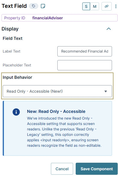 A Static image displaying the Text Field component configuration window set to Read Only. 