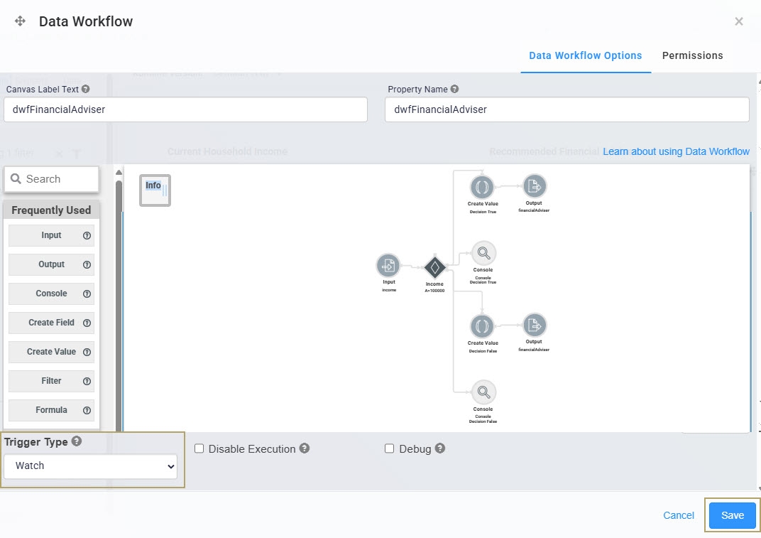 A static image displaying the Data Workflow configuration with the trigger type set to Watch.