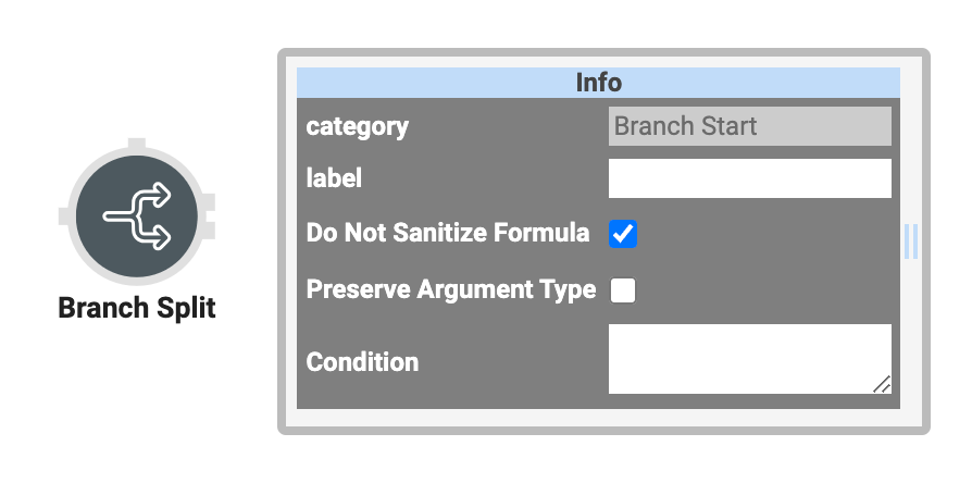 A static image displaying the Branch Split operator and its Settings Info window.