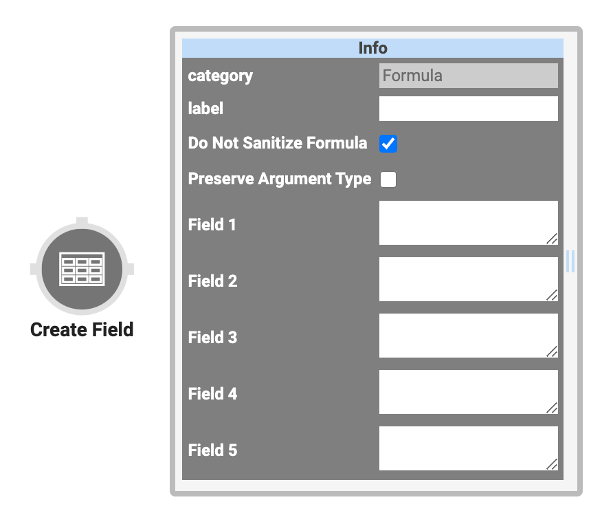 A static image displaying the Create Field operator and its Settings Info window.