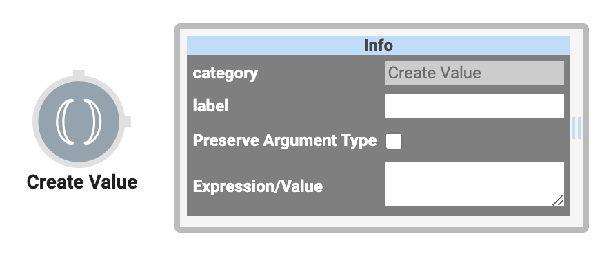 A static image displaying the Create Value operator and its Settings Info window.