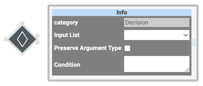 A static image displaying the Decision operator and its Settings Info window.