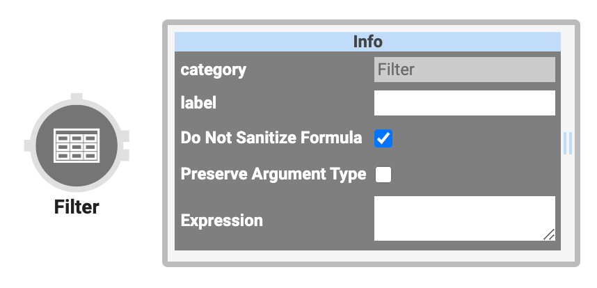 A static image displaying the Filter operator and its Settings Info window.