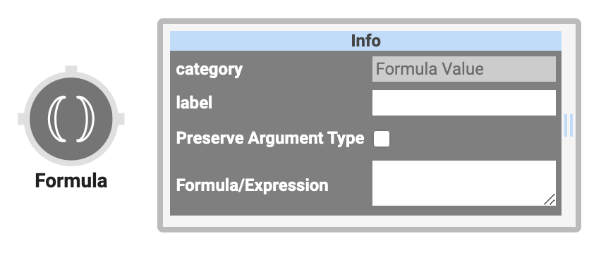 A static image displaying the Formula operator and its Settings Info window.