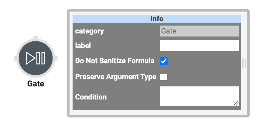 A static image displaying the Gate operator and its Settings Info window.