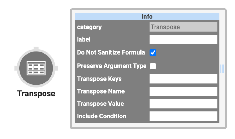 A static image displaying the Transpose operator and its Settings Info window.