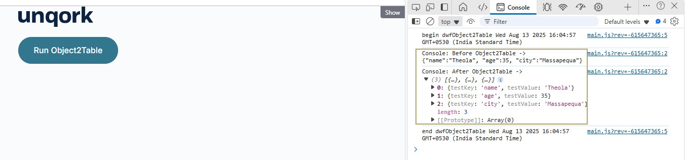 A static image displaying the data in the DevTools Console in Express View.