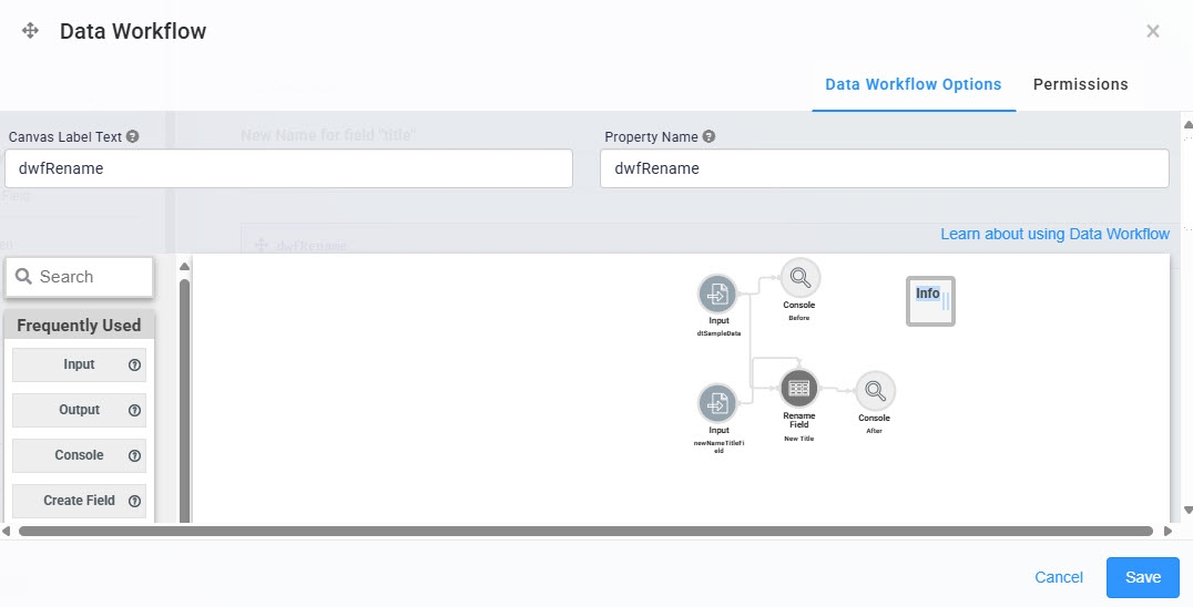 A static image displaying the data workflow configuration which renames the field name.