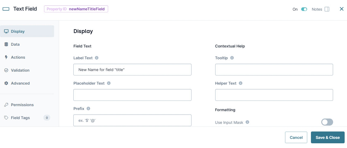 A static image displaying the classic designer text field component settings.