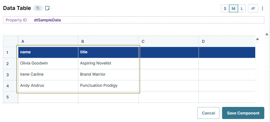 A static image displaying the Data Table component's completed configuration in the configuration window.