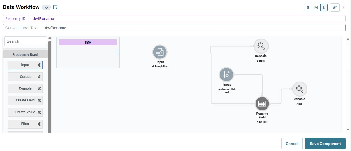 A static image displaying the data workflow configuration which renames the field name.