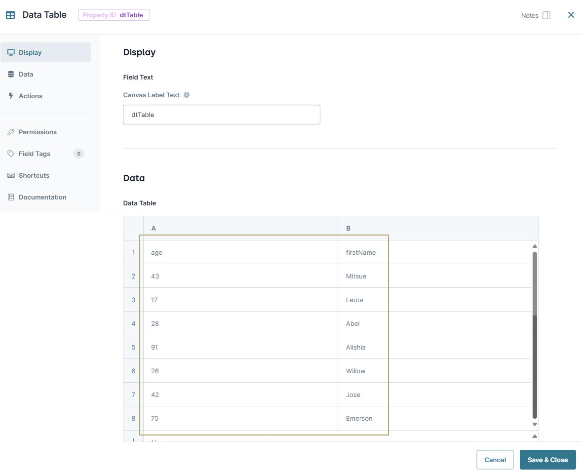 A static image displaying the Data Table component's completed configuration in the configuration window.