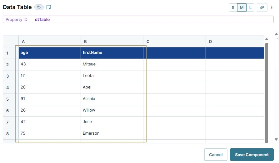 A static image displaying the Data Table component's completed configuration in the configuration window.