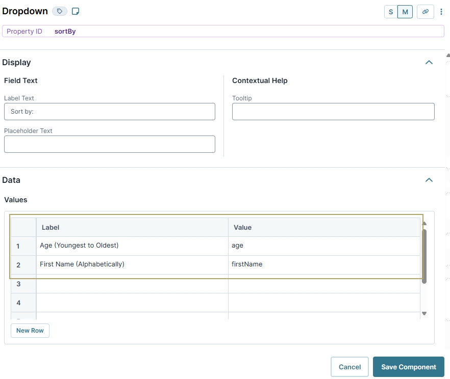 A static image displaying the Dropdown components configuration settings in Udesigner.