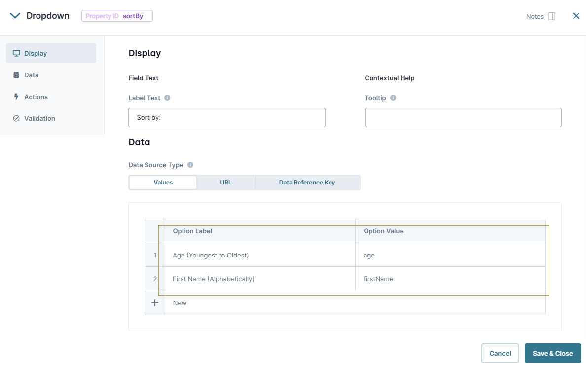 A static image displaying the Dropdown components configuration settings in Udesigner.