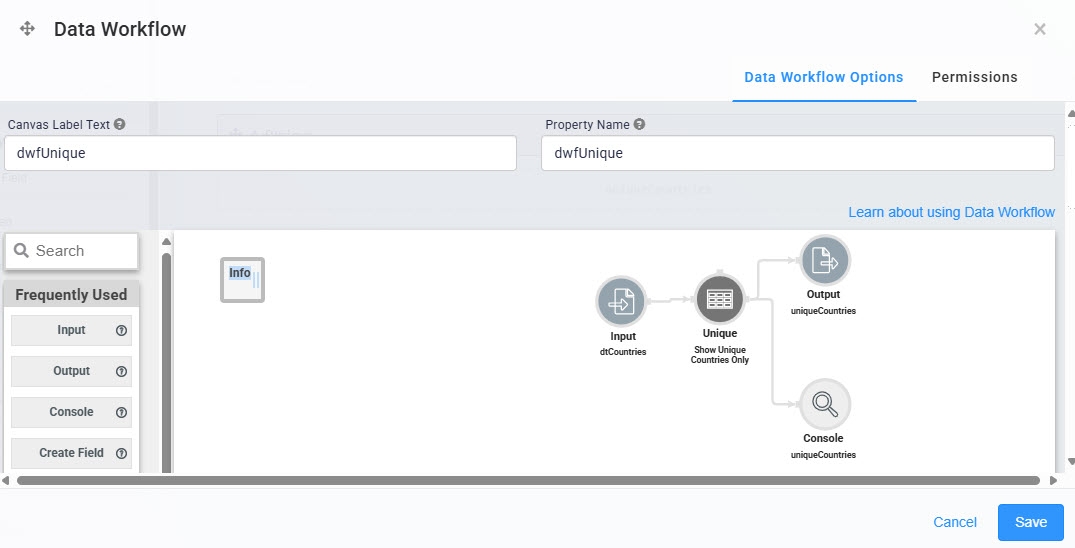 A static image displaying the Data Workflow component's completed configuration in the configuration window.