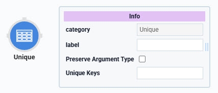 A static image displaying the Data Workflow component's Unique Operator icon and information window.