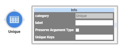 A static image displaying the Classic Dessigner's- Data Workflow component's Unique Operator icon and information window.