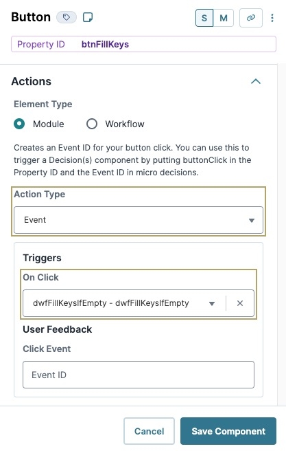 A static image displaying the Button component's configuration settings.