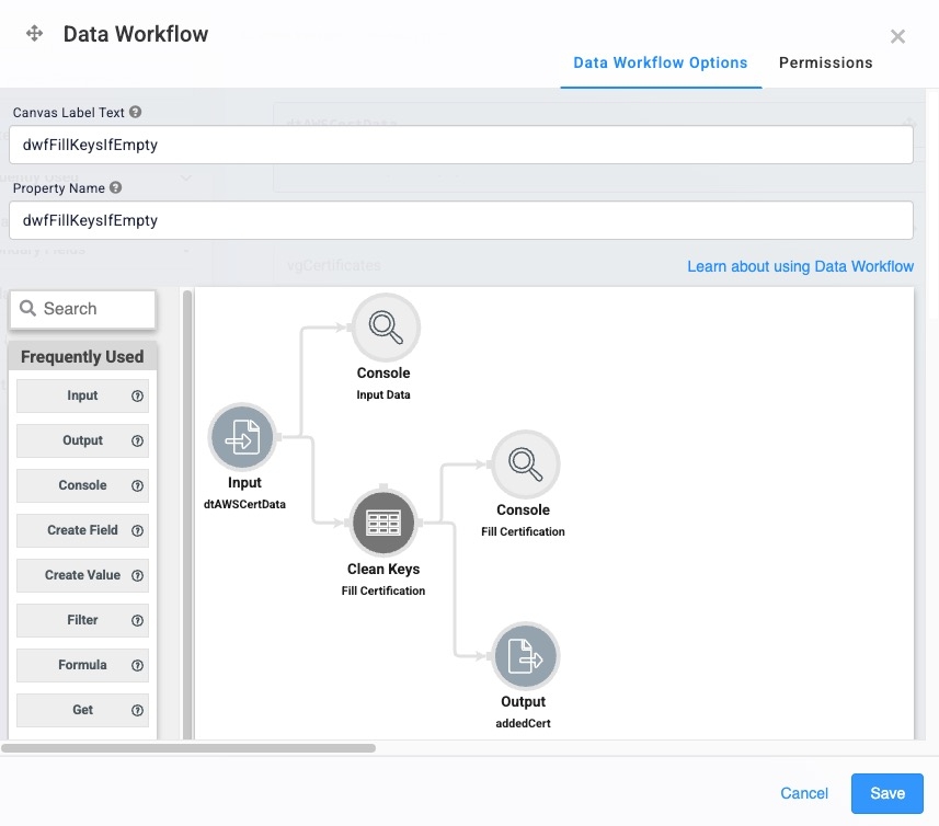 A static image displaying the configured operators on the Data Workflow canvas.