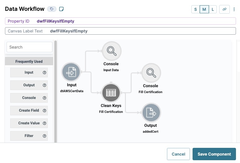 A static image displaying the configured operators on the Data Workflow canvas.