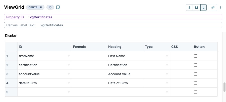 A static image displaying the vgCertificates ViewGrid component.